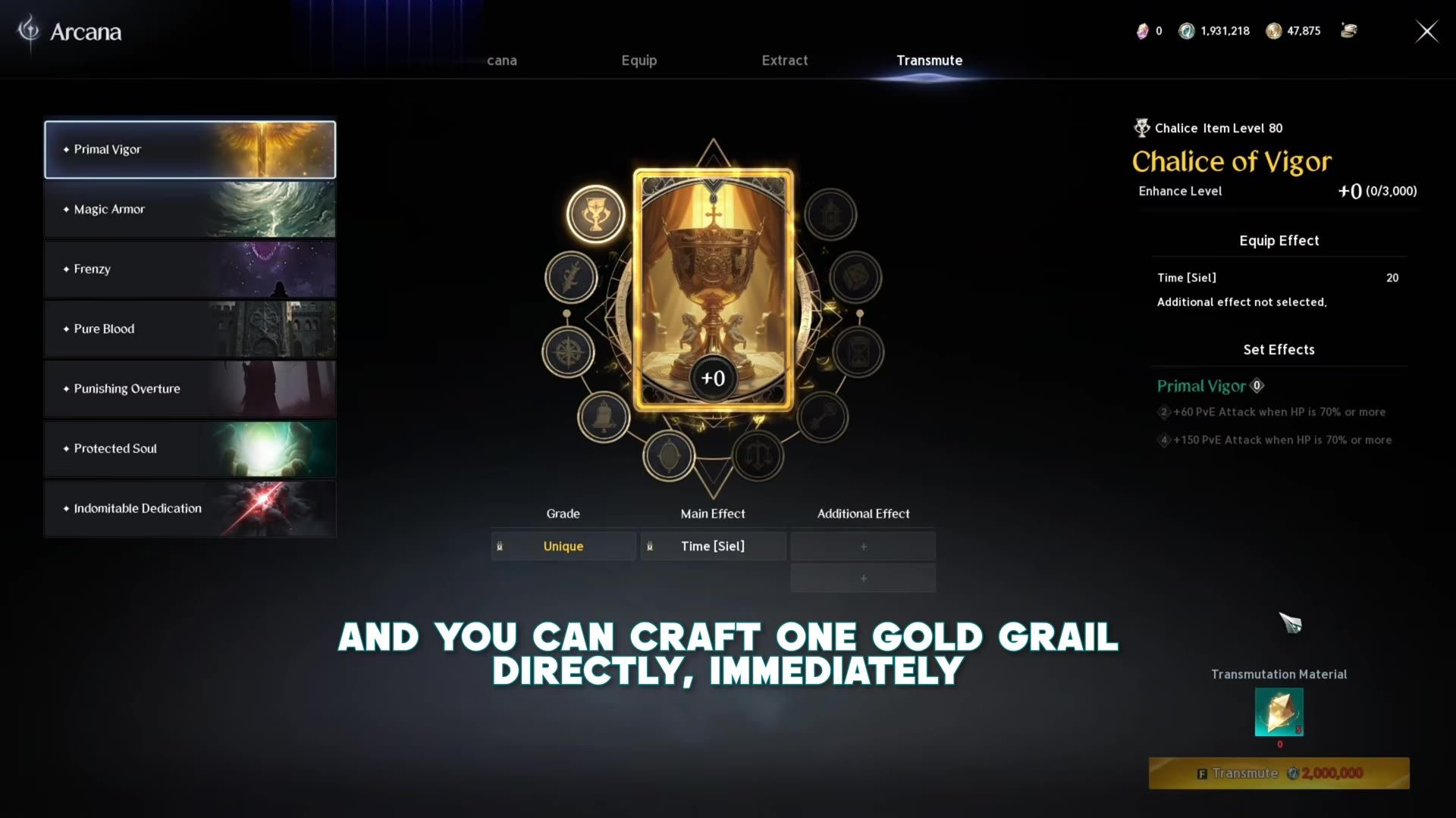 the Arcana Transmute tab showing the Unique card Chalice of Vigor with its equip effect, set effects and a 2,000,000 Kinah transmute button