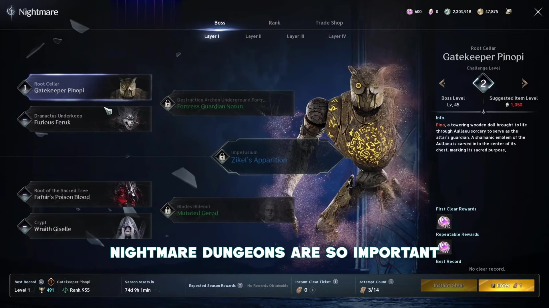 the Nightmare boss screen on Layer I with Gatekeeper Pinopi selected at challenge level 2, suggested item level 1,050 and an attempt count of 3 of 14