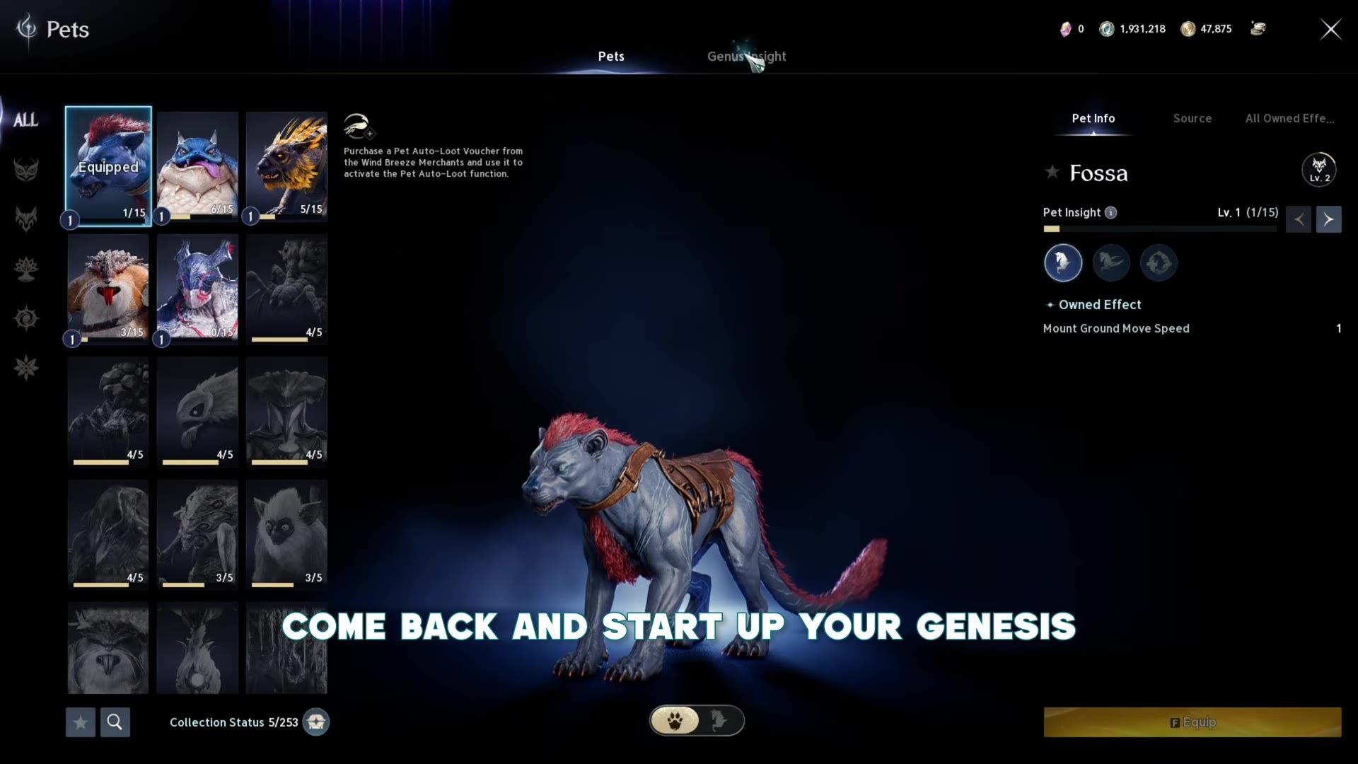 the Pets screen with the pet collection grid, the selected pet Fossa at Pet Insight level 1 of 15, and the Genus Insight tab at the top