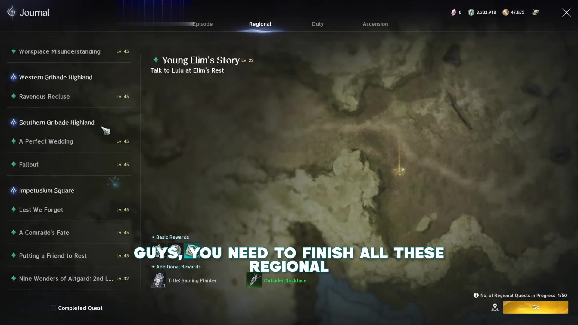 the Journal's Regional tab listing level 45 regional quests by area, with a quest's rewards and a counter of regional quests in progress