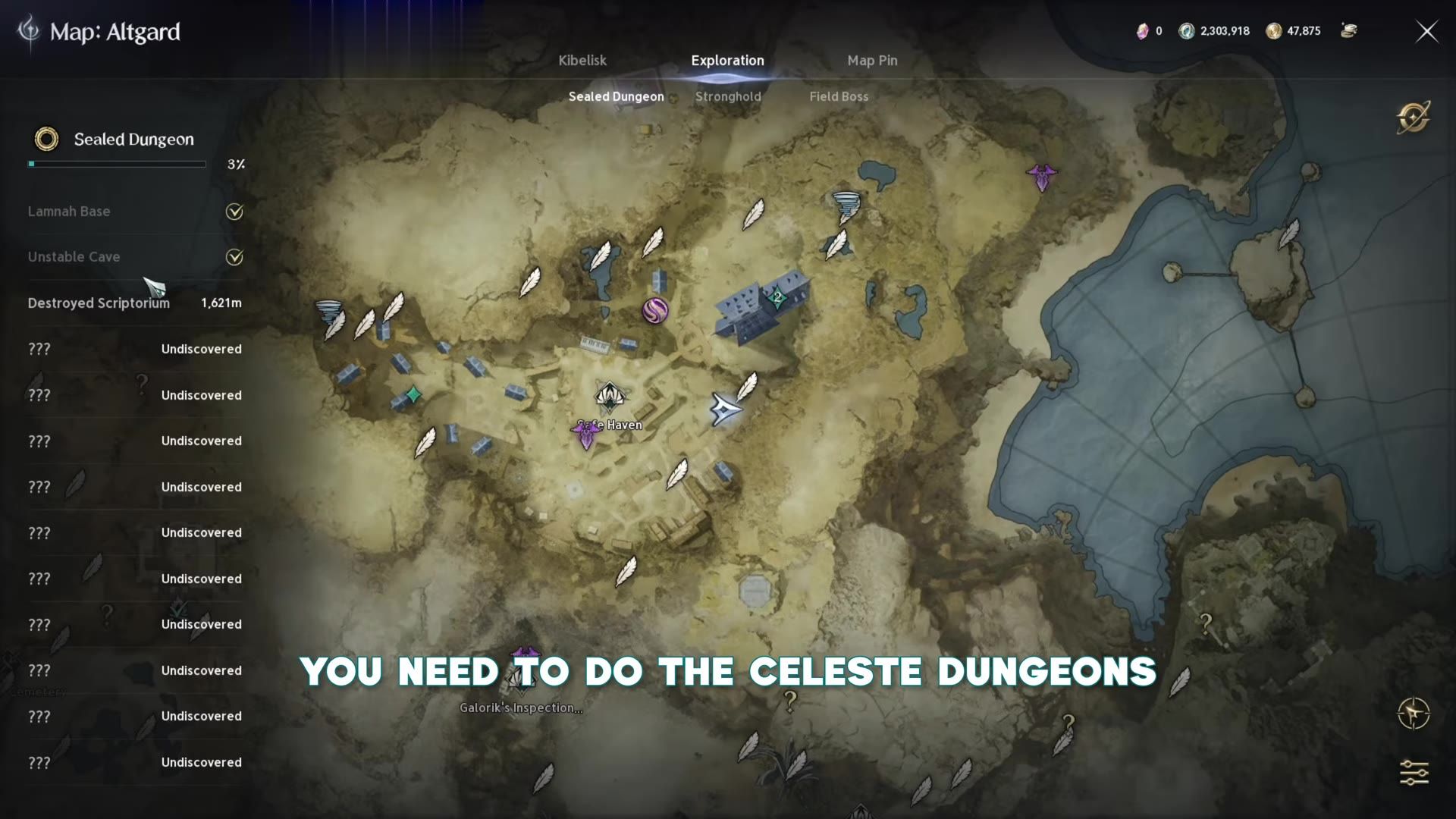 the Altgard map on the Exploration tab with the Sealed Dungeon list open, two dungeons cleared and the rest undiscovered